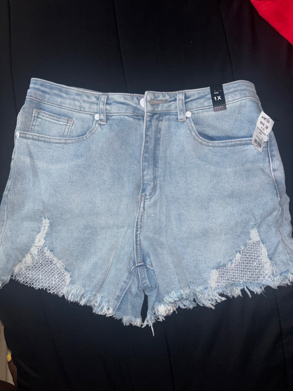 AKIRA Light Blue Distressed Jean Shorts with Rhinestone Panels - 1X